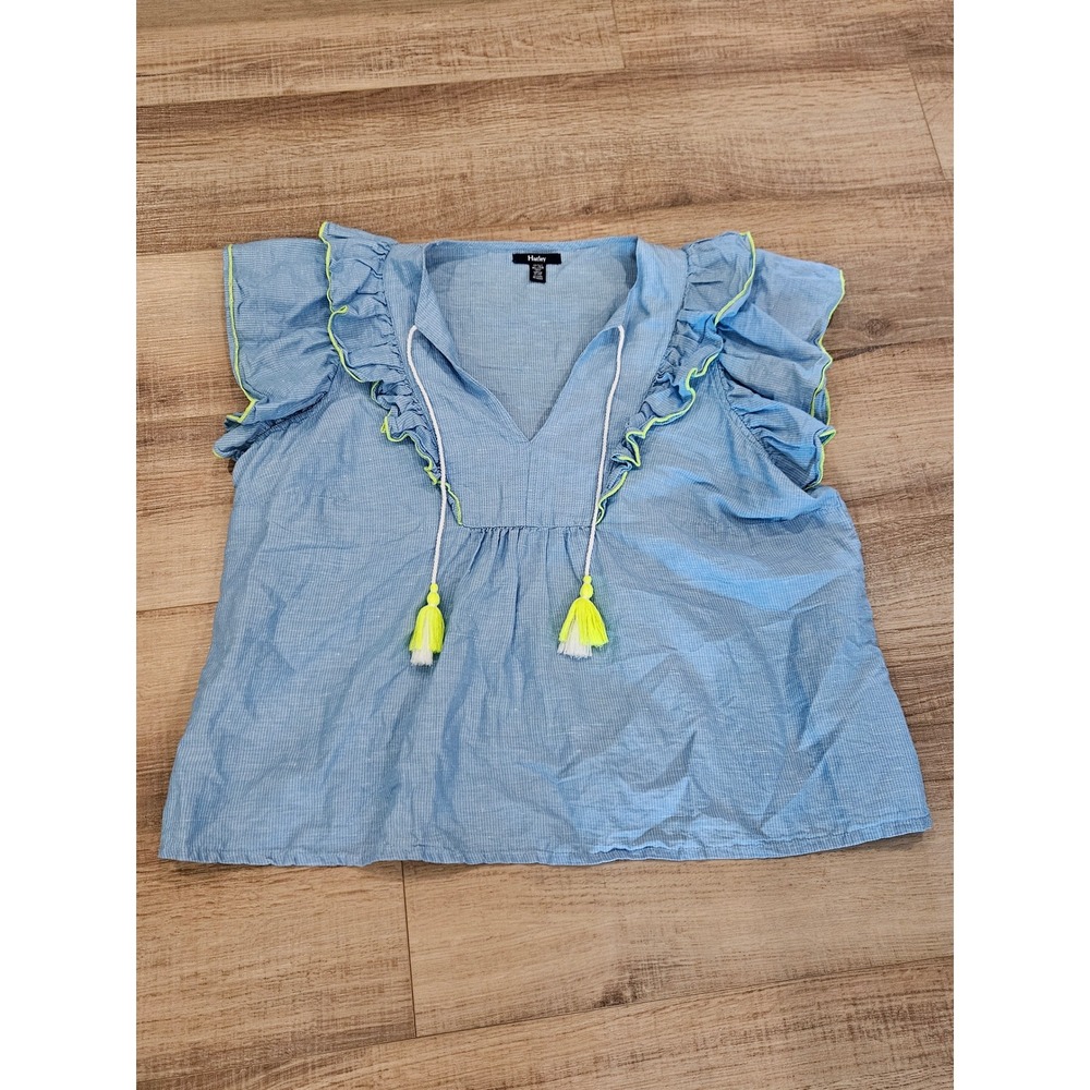Hatley Womens XL Linen Cotton Blouse Blue Ruffle Sleeve Tassel Boho Coastal Top
